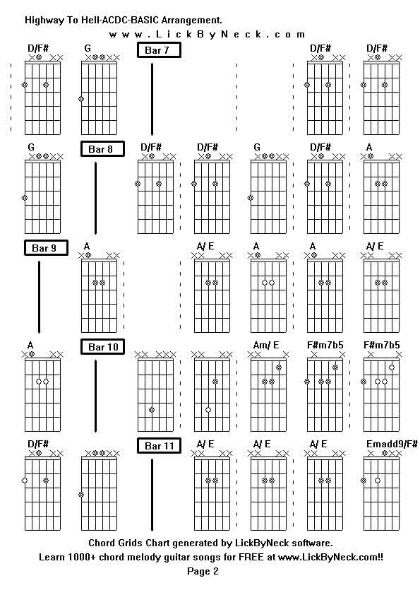 Chord Grids Chart of chord melody fingerstyle guitar song-Highway To Hell-ACDC-BASIC Arrangement,generated by LickByNeck software.